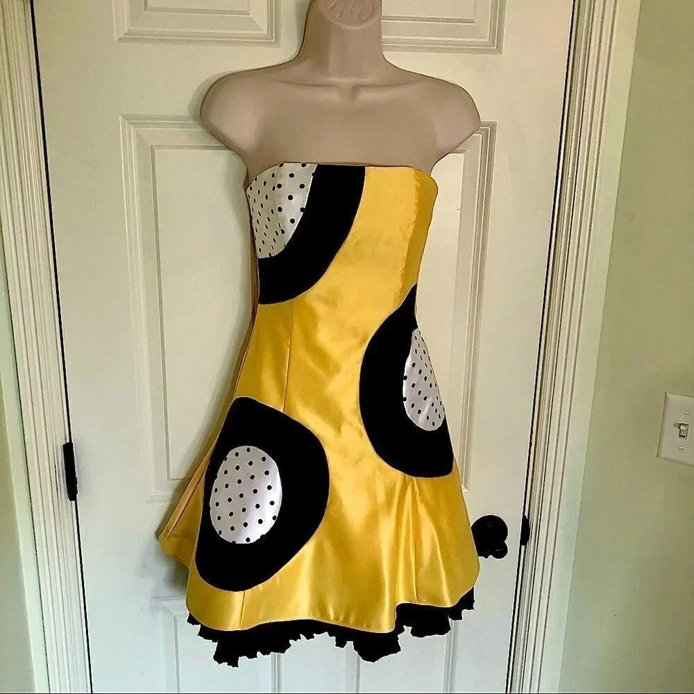 GUNNE Sax vintage bright yellow geometric disco mod polkadot‎ dress XS